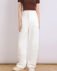 Elegant high waisted straight leg pants, crafted from soft and breathable premium fabric, perfect for office wear and minimalism, showcasing a relaxed silhouette.