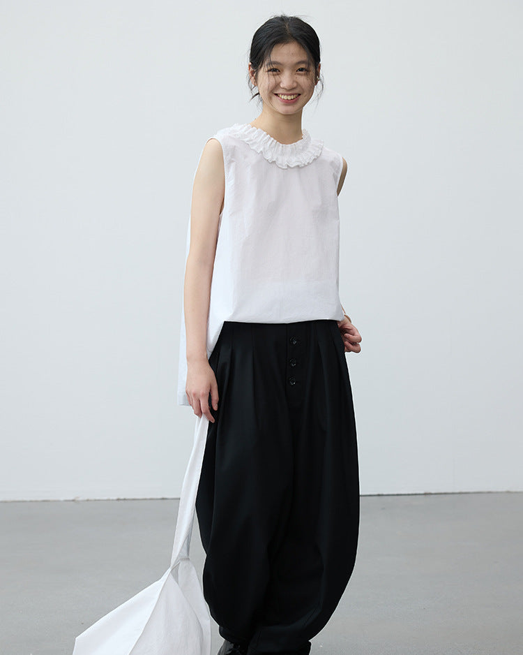 Ruffled V-Neck Button-Down Shirt