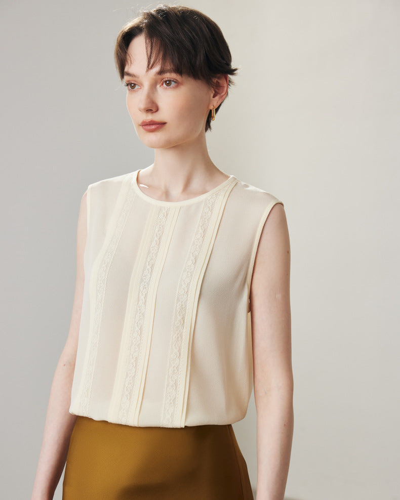 Lace-Paneled Sleeveless Silk Shirt