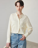 Loose-Fit Long-Sleeve Silk Shirt With Stand Collar