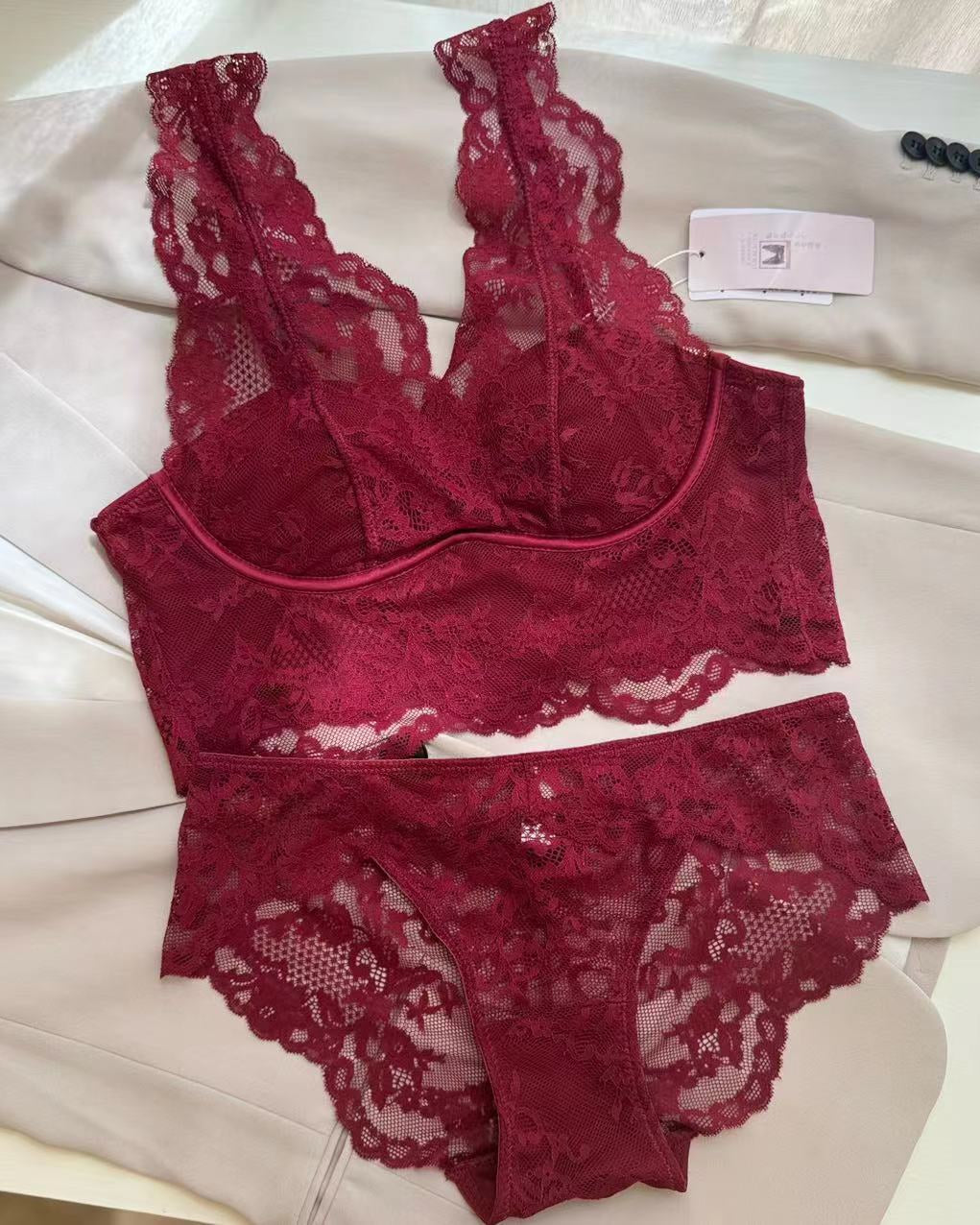 V Neck Floral Lace Bralette Set