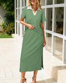 Collared Short-Sleeved Slit Skirt Two-Piece Set