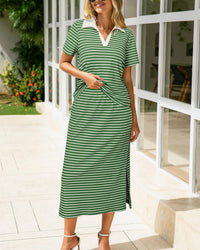 Collared Short-Sleeved Slit Skirt Two-Piece Set