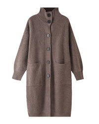 Wool High-Neck Long Cardigan With Pocket