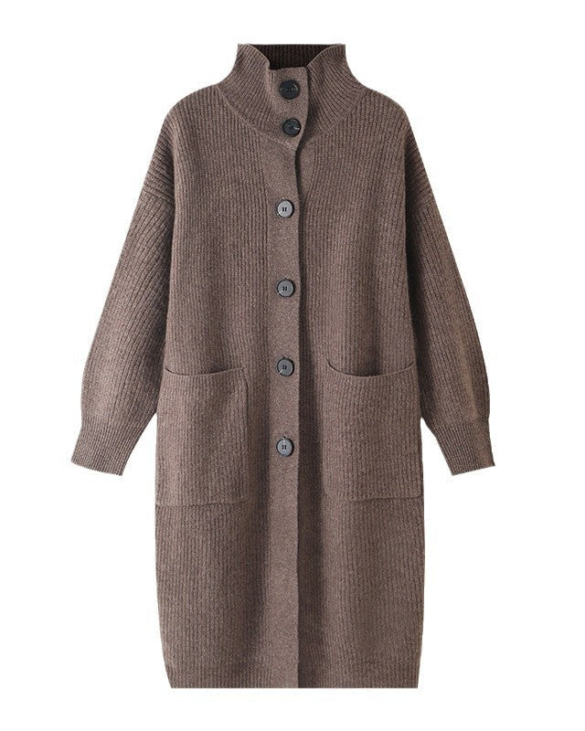 Wool High-Neck Long Cardigan With Pocket