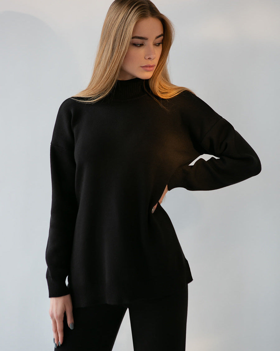 Half Turtleneck Sweater & Wide Leg Pants Knitted Set