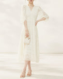 Silk-Embroidered Three-Quarter Sleeve Dress