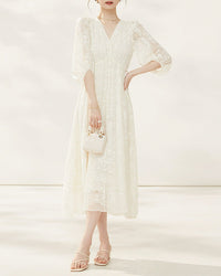 Silk-Embroidered Three-Quarter Sleeve Dress