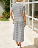 Collared Short-Sleeved Slit Skirt Two-Piece Set