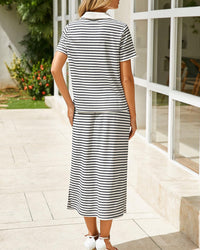 Collared Short-Sleeved Slit Skirt Two-Piece Set