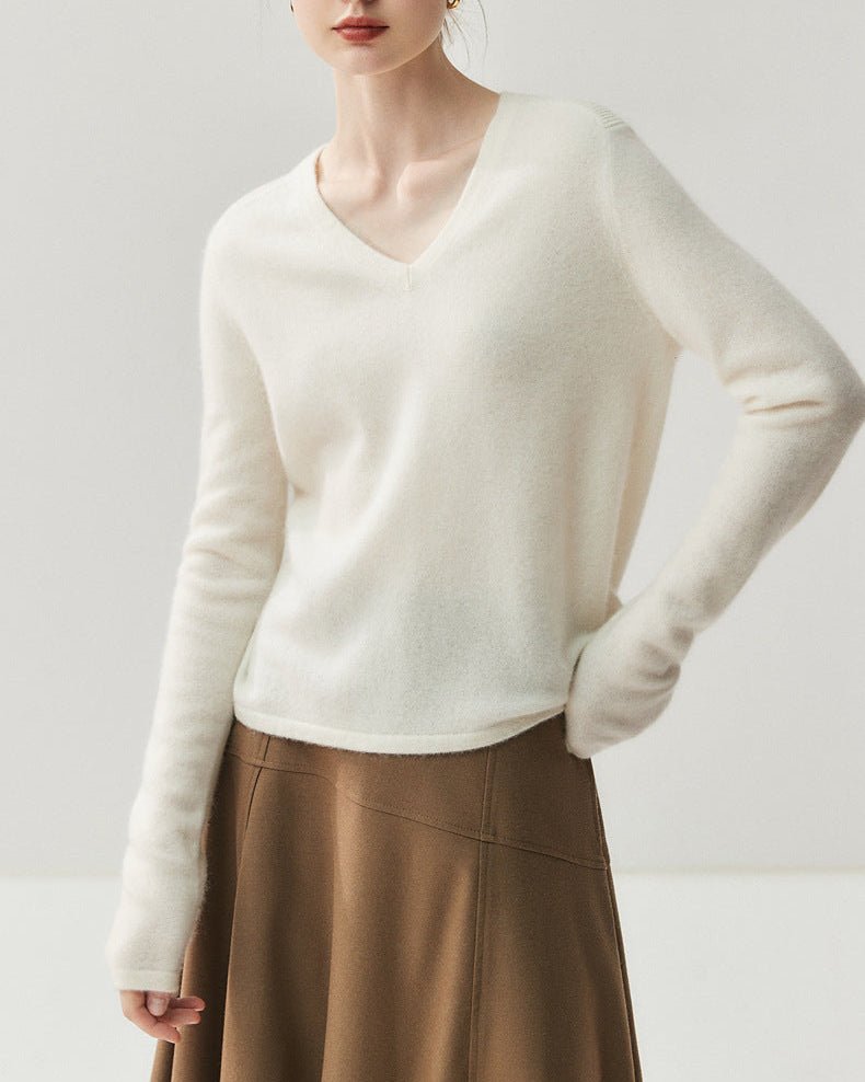 Cashmere V-Neck Saddle Shoulder Knit Sweater