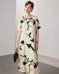 Loose-Fit Straight-Cut Short-Sleeve Silk Dress