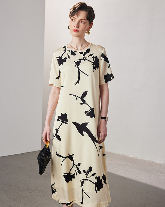 Loose-Fit Straight-Cut Short-Sleeve Silk Dress