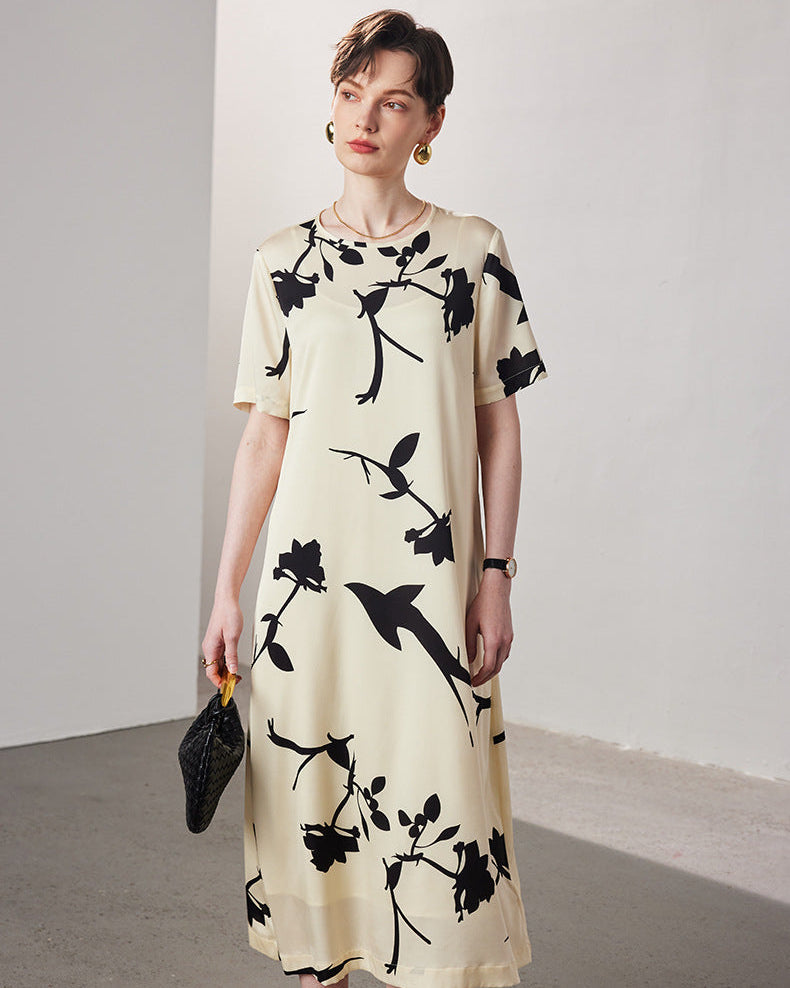 Loose-Fit Straight-Cut Short-Sleeve Silk Dress