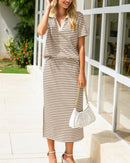 Collared Short-Sleeved Slit Skirt Two-Piece Set