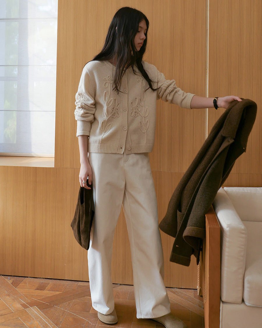 Crew Neck Single-Breasted Wool Cardigan