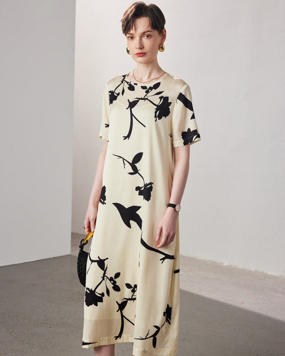 Loose-Fit Straight-Cut Short-Sleeve Silk Dress