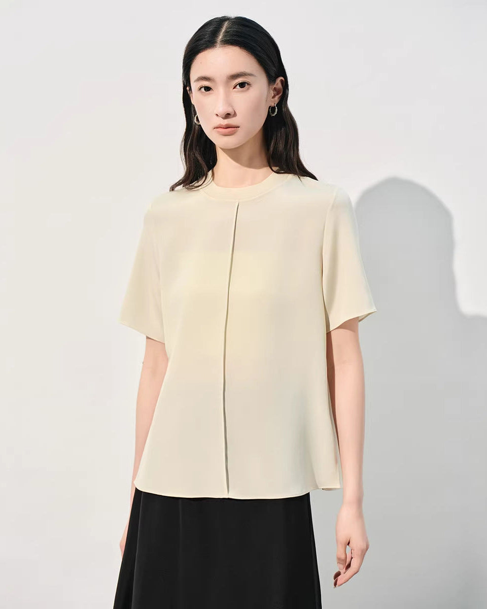 Crew Neck Loose-Fit Pleated T-Shirt