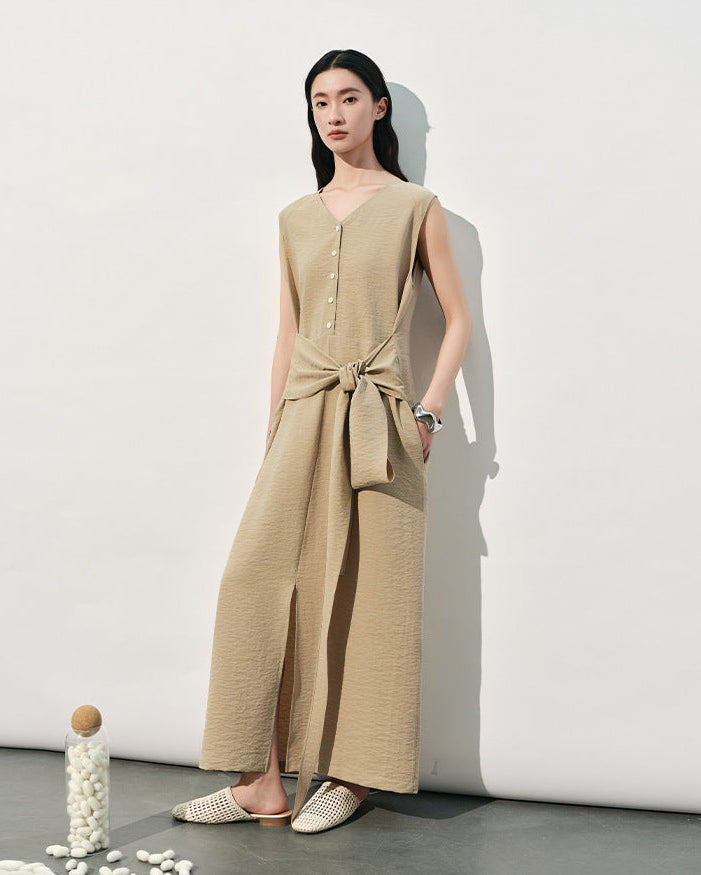 V-Neck Sleeveless Tie-Up Slit Dress