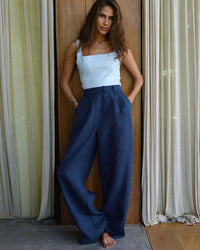 High Waisted Linen Blended Straight Leg Pants