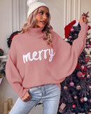 High-Neck Batwing Sleeve Christmas Knit Sweater