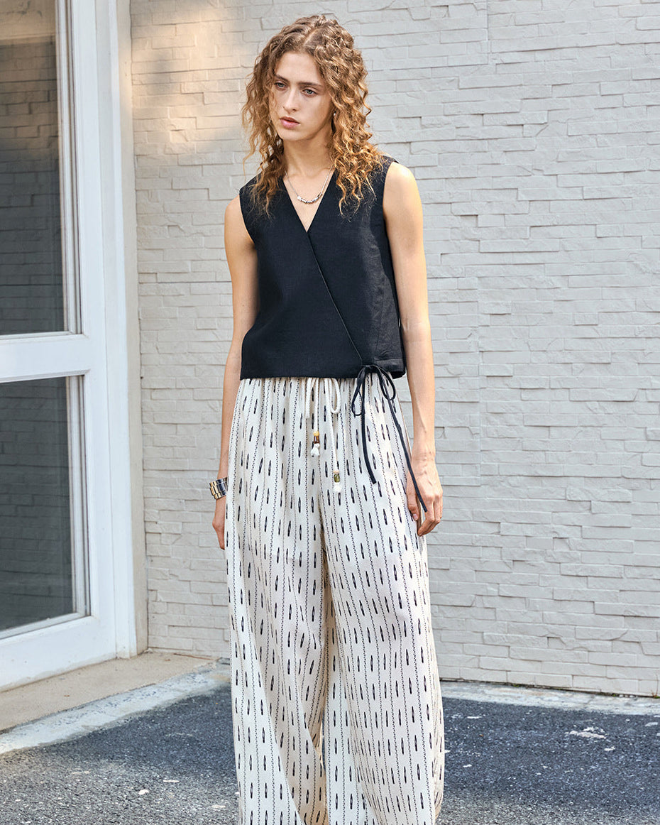 Linen V-Neck Sleeveless Tie-Front Vest