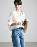 Loose-Fit Long-Sleeve V-Neck Linen Shirt
