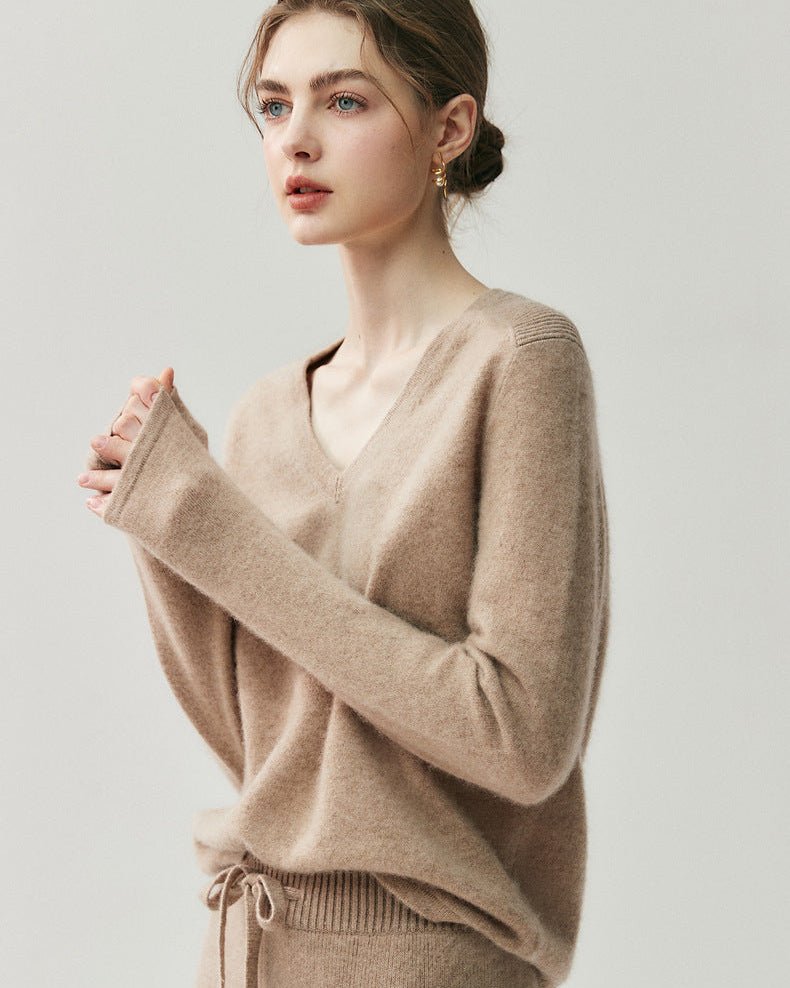 Cashmere V-Neck Saddle Shoulder Knit Sweater