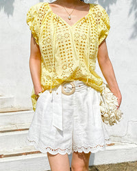 Cotton And Linen Embroidered Belt Shorts