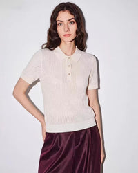 Wool Openwork Polo Collar Short-Sleeved Sweater