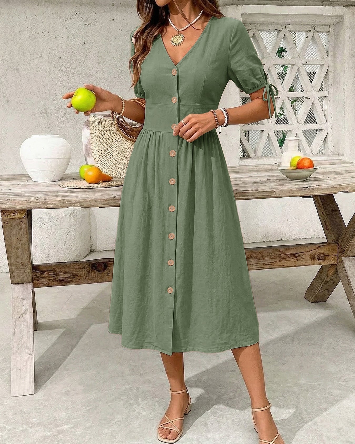 Casual Short-Sleeved V-Neck Dress