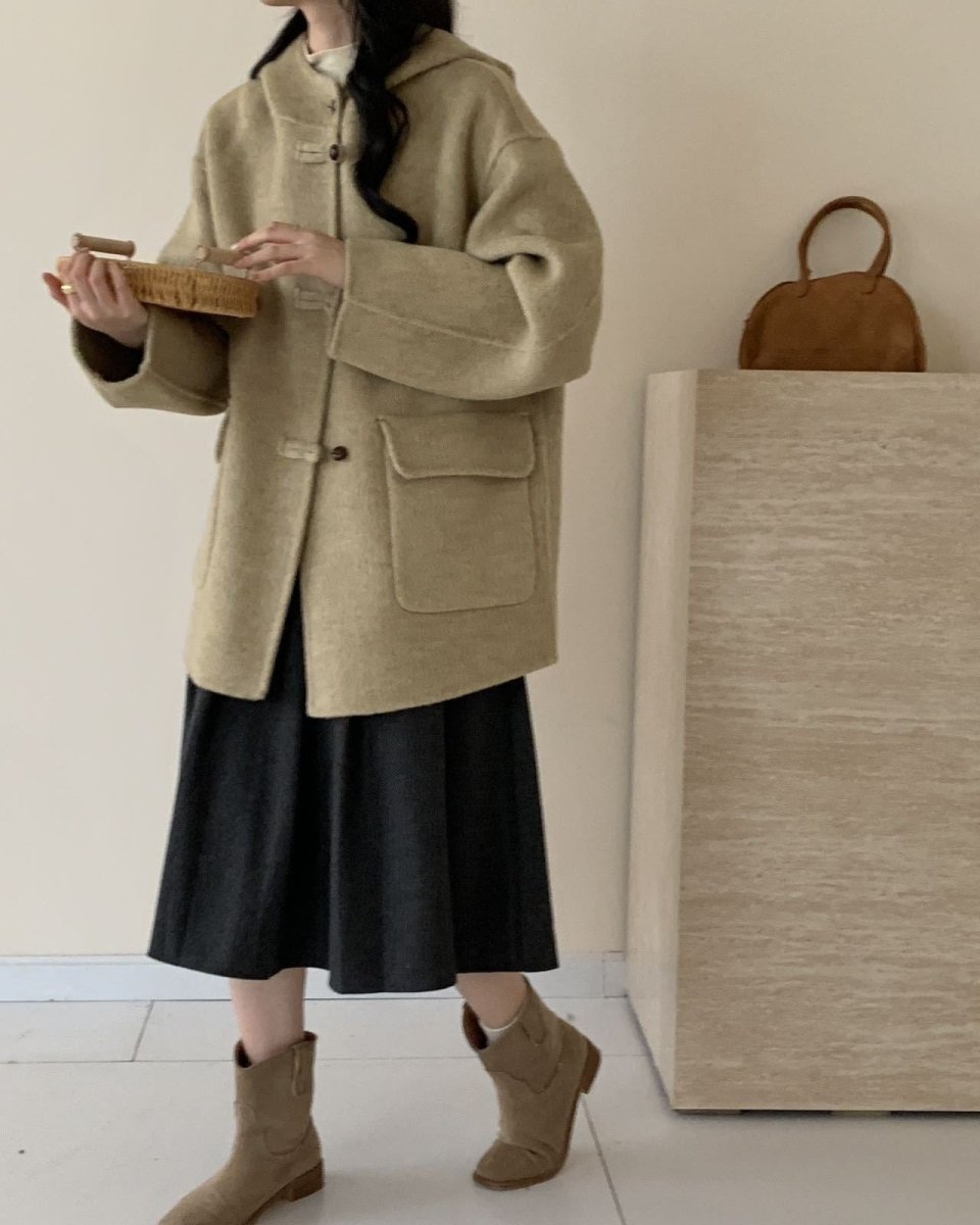 Hooded Reversible Mid-Length Wool Coat