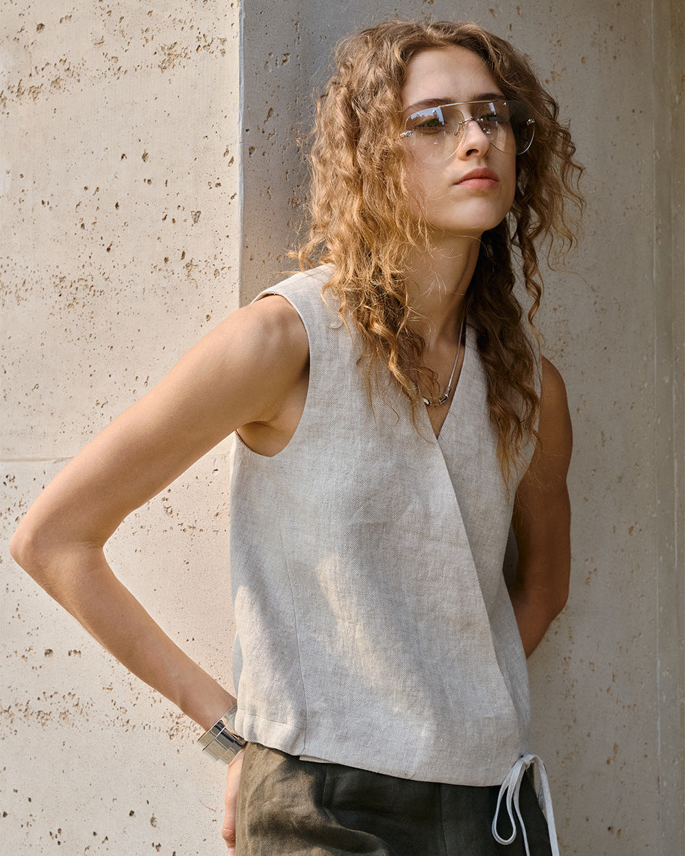 Linen V-Neck Sleeveless Tie-Front Vest