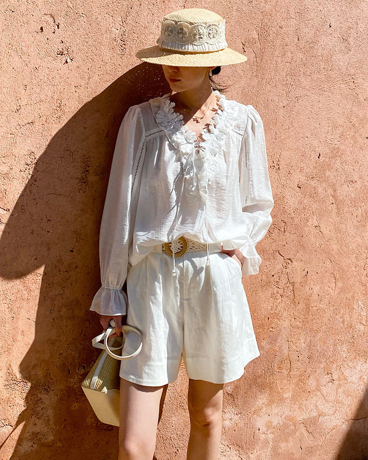 V-Neck Lace-Trimmed Puff-Sleeve Blouse