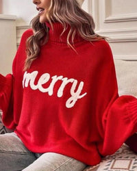 High-Neck Batwing Sleeve Christmas Knit Sweater