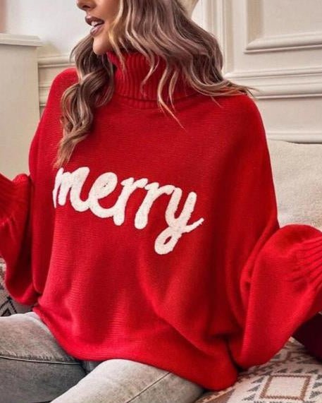High-Neck Batwing Sleeve Christmas Knit Sweater