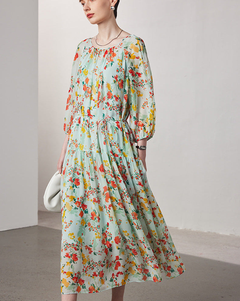 Printed Silk Three-Quarter Sleeve Dress