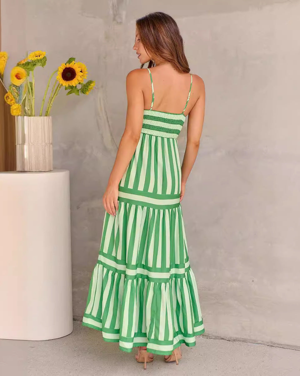 Striped Halter-Neck Backless Pocket Dress