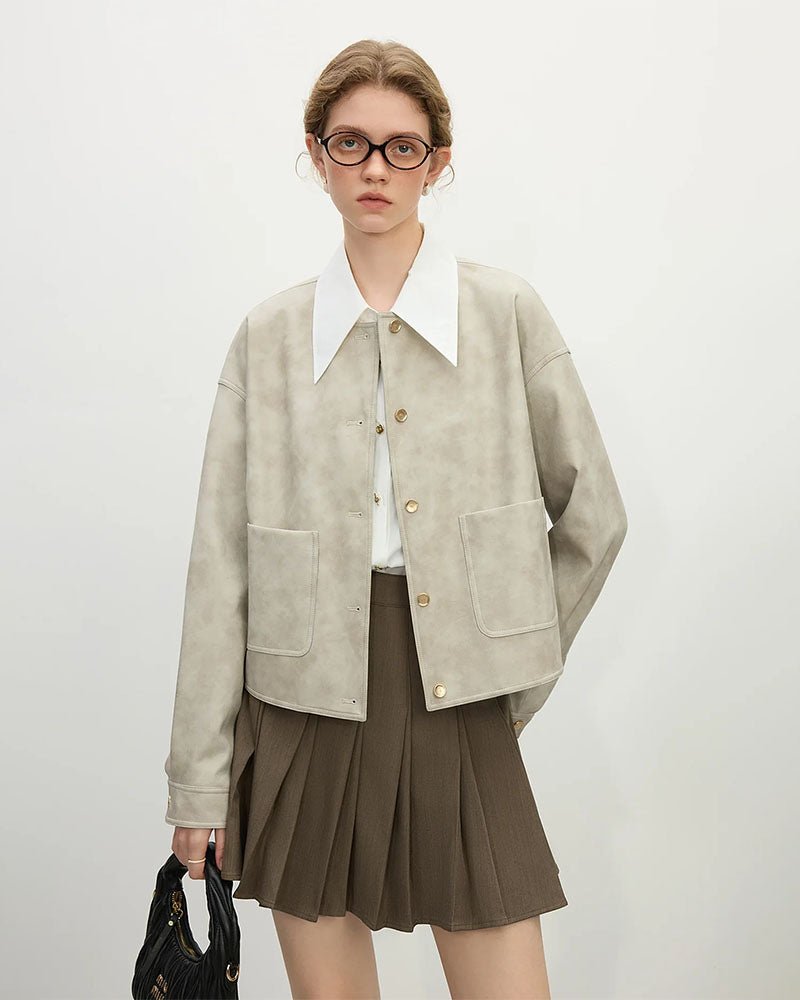 PU Leather Round Neck Short Jackets