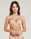 Plus-size half-cup push-up bra for women, made of polyester and spandex with underwire support, convertible adjustable straps and tow hook-and-eye closure for daily comfort.