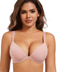 Plus-size deep-V seamless bra—upper-support sling, gathered mesh back, wire-free; smooths back fat and lifts bust for a beautiful silhouette under low-cut tops.