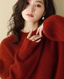 Women's red plus size thick merino wool sweater - shiny finish, brushed velvet interior, perfect for autumn and winter cold days with windproof 