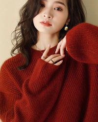 Women's red plus size thick merino wool sweater - shiny finish, brushed velvet interior, perfect for autumn and winter cold days with windproof 