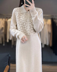  Woman posing in a Polo-Neck Cashmere Long Dress, 100 % baby cashmere and fine 12-gauge knit skim every curve—your luxe yet breathable 60-75 °F spring-fall statement.