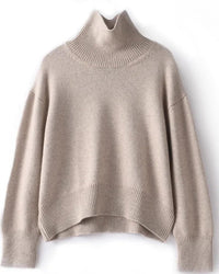 Women's pure cashmere pullover - thick turtleneck, loose knit and cold-season design, perfect for cozy autumn/winter daily wear or layering.