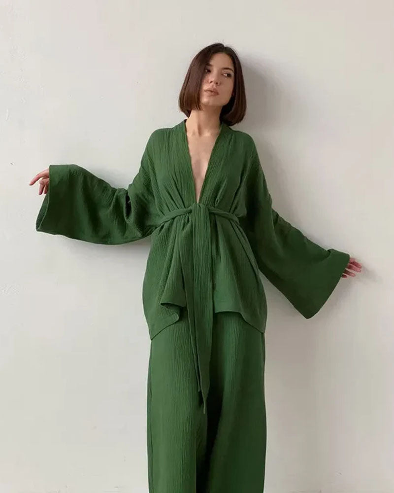 Pure Cotton Robe And Trousers Lounge Set