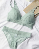 French wire-free cotton bra set for women, designed with ultra-thin sexy lace triangle cups and push-up structure, comfortable everyday intimate lingerie for all occasions.