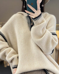 Women's  pure wool hooded sweater - loose fit and stylish design, soft thermal knit for cozy autumn/winter casual outings