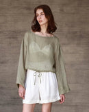 Women’s pure ramie long-sleeved tee with drawstring hem and relaxed round neck—airy sun-smart layer for beach walks, tropical flights or summer city strolls.