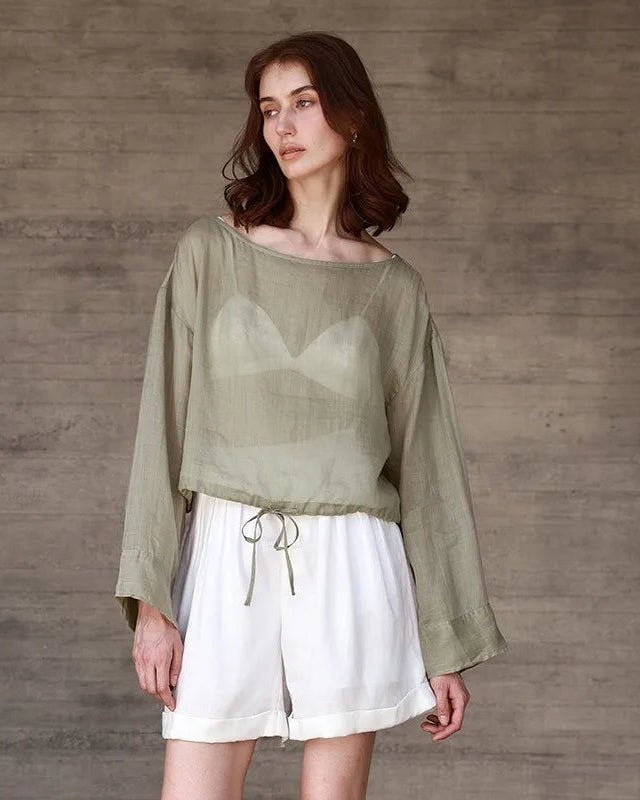 Ramie Crew Neck Long Sleeve Drawstring T-Shirt